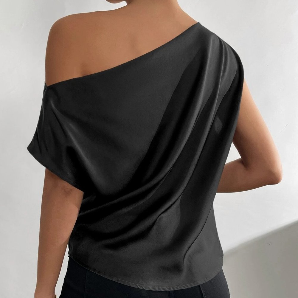 Black Boho Womens Asymmetrical Neck Ruched Shoulder Blouse - Picture 2 of 5